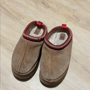 UGG Tan Suede Slip-Ons with Red Accents Size 9